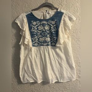 THML Cream and Blue Boho Babydoll Bib Style Top